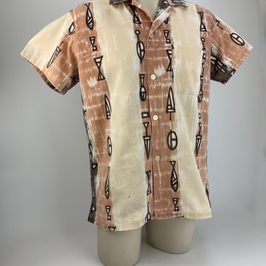 1950's HAWAIIAN SHIRT - Cool Tiki Border Print - All Cotton  - Patch Pocket - Men's Size Medium- as is 