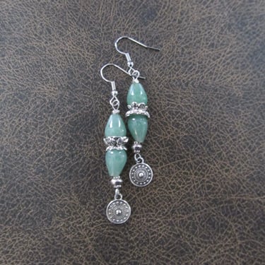 Green jadeite and silver lotus flower earrings 