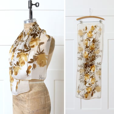vintage 1970s VERA rose print long silk scarf • golden yellow & white floral chiffon scarf 