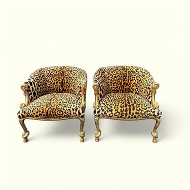 Incredible pair of vintage leopard fabric rope and tassel lounge chairs NEW upholstery 