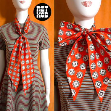 Cute Vintage 60s 70s Bright Orange & White Patterned Long Scarf 