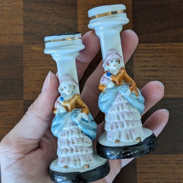 Pair of Porcelain Victorian Women Candlestick Holders 