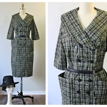 Vintage 40s 50s Korell Olive Green Black Day Dress Cotton Green bucket Pockets Shawl Collar   // Modern Size US 6 8 10 medium 