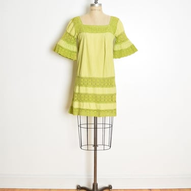 vintage 70s dress lime green crochet Mexican hippie boho mini dress S clothing 