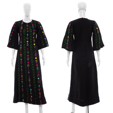 1970's Black and Multicolor Embroidered Mexican Dress Size S/M