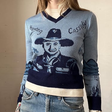 Small, Vintage 1970s Hopalong Cassidy and Topper Sweater, 1950s, Blue, Picture Knit, S4 