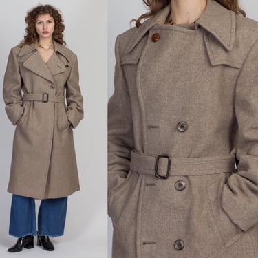 Vintage Taupe Wool Tweed Belted Overcoat - Men's Medium, Women's Large | 80s Stratojac Minimalist Double Breasted Long Coat 
