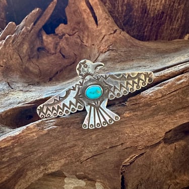 FREE BIRD Medium Thunderbird Vintage 30s Brooch | 1930s Fred Harvey Era Silver & Turquoise Bird Pin | Southwestern Native American Navajo 