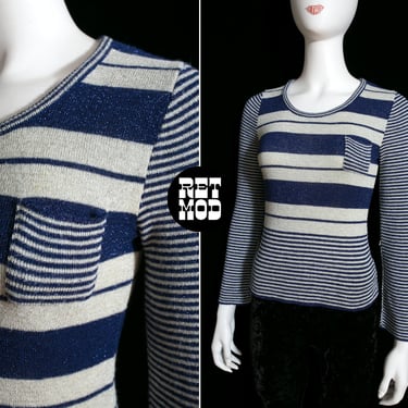 Cool Slinky Vintage 70s Blue & Silver Metallic Lurex Sweater Top 
