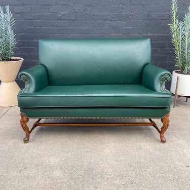 Vintage Leather Green Sofa with Carved Feet, c.1960’s 