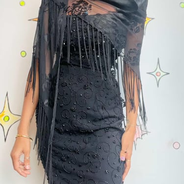 Vintage Sheer Black Fringe Shawl - Western Boho Grunge Witchy Goth Wrap Scarf 