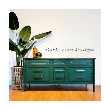 NEW! Vintage Emerald Green long Dresser mid Century Modern Thomasville Bamboo low boy chest • San Francisco, CA • by Shab
