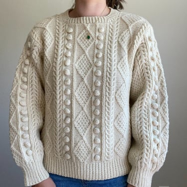 Vintage Handmade Knitted Irish Fisherman Folk Chunky Wool Cream White Sz M 