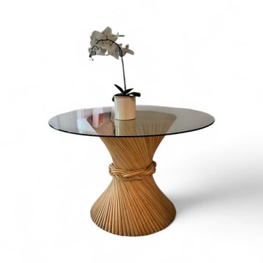 Beautiful vintage McGuire style sheaf of wheat dining table with glass top 