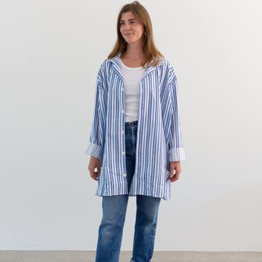 Vintage Blue White Striped Shirt Jacket | Unisex Stripe Cotton Pajama Chore Shop | L XL | 
