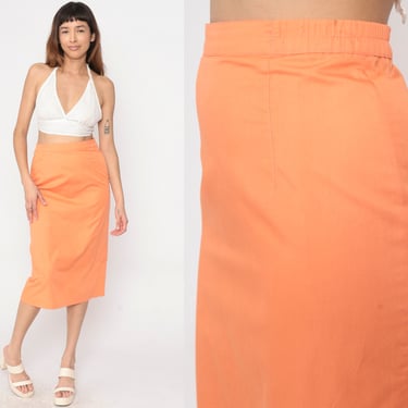 Orange Midi Skirt 80s Pencil Skirt High Waisted Retro Simple Plain Secretary Skirt Kick Pleat Simple Vintage 1980s Small 28 