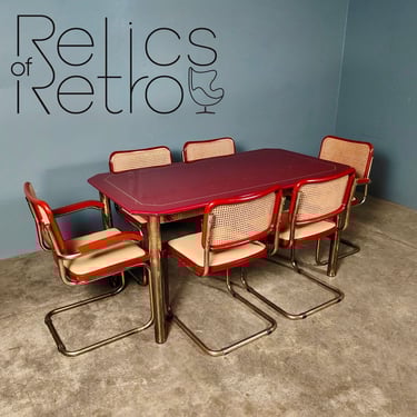 Six Red Marcel Breuer Cesca Dining Chairs & Matching Table Mid Century Vintage Retro MCM 