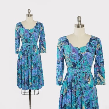 Lanz fish dress | Vintage 80s Lanz originals blue fish print fit and flare dress 