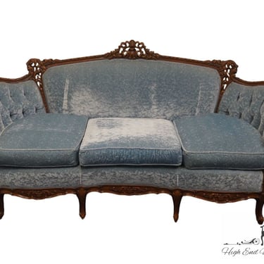 VINTAGE ANTIQUE Rococo Traditional Victorian Style Powder Blue Crushed Velvet 82" Parlor Sofa 