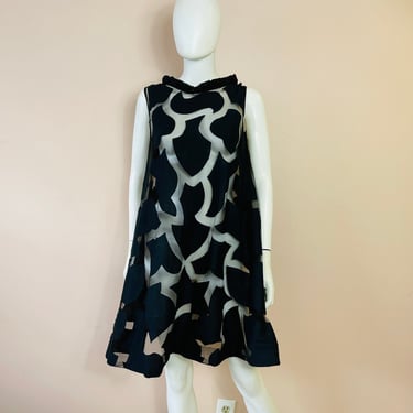 Vtg 60s black lace and linen cutout a-line trapeze avant garde dress 