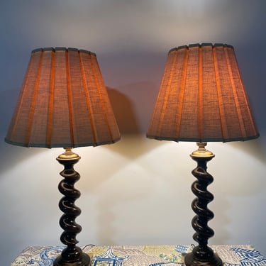 Pair of Vintage Barley Twist Table Lamps, Frederick Cooper Labels, Harps and Shades Included 