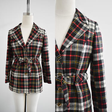 1970s Black Plaid Tie Belt Jacket 