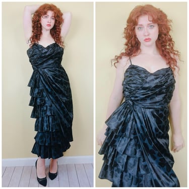 1980s Vintage Silky Black Bow Print Wiggle Dress / 80s Rhinestone Disco Wrap Ruffled Wiggle Dress / Small - Medium 