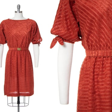 Vintage 1970s Dress | 70s Terry Cloth Striped Burnt Orange Puff Sleeve Belted Sheath Day Dress (medium) 