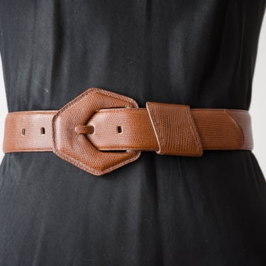 wide brown leather belt | 80s 90s vintage dark academia style pebbled reptile leather statement belt 