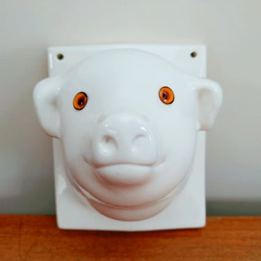 Vintage Wall Mount Ceramic Animal Head | Pig Piglet | Towel Holder Apron Holder 