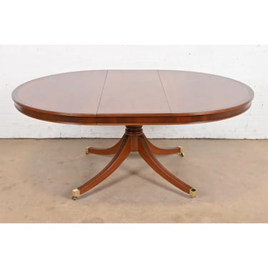 Baker Furniture Style Georgian Banded Mahogany and Rosewood Pedestal Extension Dining Table, Newly Refinished