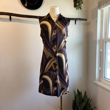 Vintage USA Purple Mod Abstract Sleeveless Semi Sheer Button Front Dress Size L 