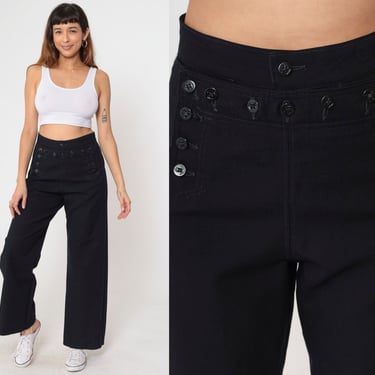 80s Black Sailor Pants Vintage Crackerjack Pants High-Waisted Wide Leg Button Front Wool-Blend Nautical Retro Lace Up Back Medium 