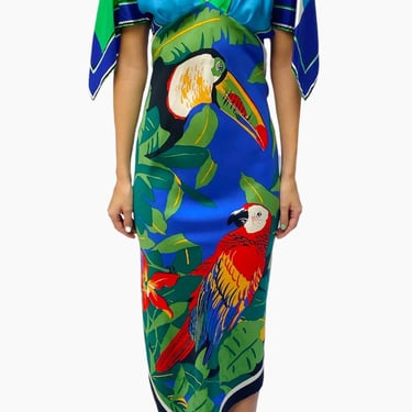 Morphew Collection Royal Blue  Green Silk Parrot 2-Scarf Dress Made From Vintage Scarves 
