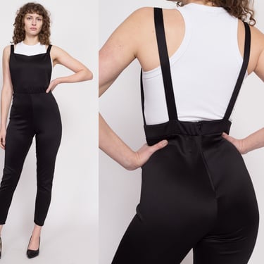 90s Black Minimalist Low Back Jumpsuit - Petite Medium | Vintage Square Neck Fitted Pinafore Suspender Pants Catsuit 