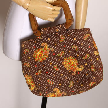 1970s Brown and Red Paisley Print Wood Handle Handbag Purse 