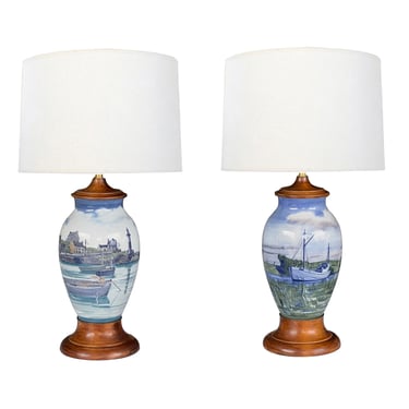 Large Pair of Royal Copenhagen Hand-painted Lamps of Harbor Scenes