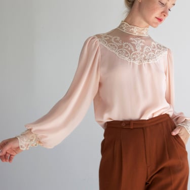 vintage victorian style pink chiffon and lace blouse / S 