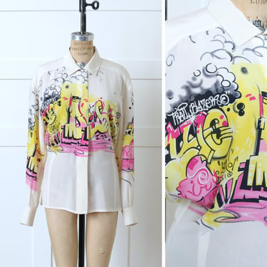 designer vintage 1990s Escada silk graffiti print blouse • neon pink & yellow tailored streetwear blouse 