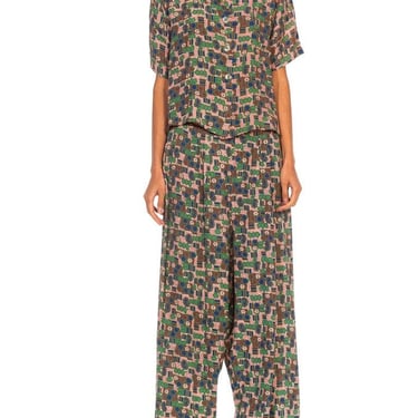 1940S Pink  Green Geometric Rayon Short Sleeve Top Pants Pajamas 
