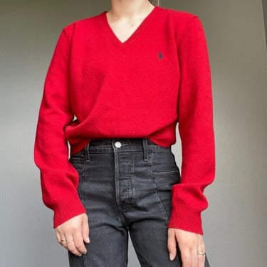 Vintage 90's Polo Ralph Lauren Red 100% Lambswool Pullover Modern Preppy Sweater 