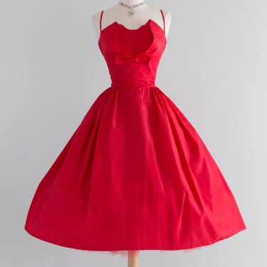 Stunning 1950's Cherry Red Taffeta Party Dress / Small