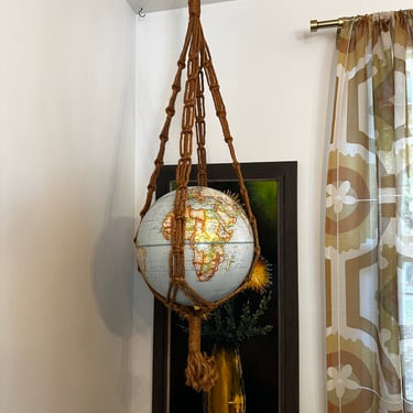 Vintage Rand McNally 12” Raised Topography Globe in a Vintage Macrame Hanger 