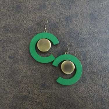 Bold wooden earrings, geometric earrings, mid century modern earrings, antique bronze earrings, Kelly green earrings, unique statement 