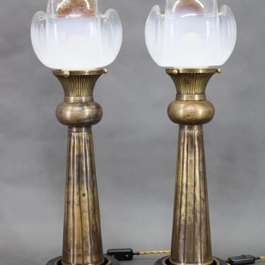 1940s Pair of Italian Restored Brass Table Lamps with Glass Shades / Brass Lamps / 