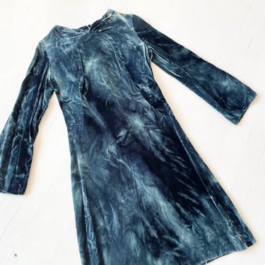 1970s Blue Tie-Dye Velvet Dress 