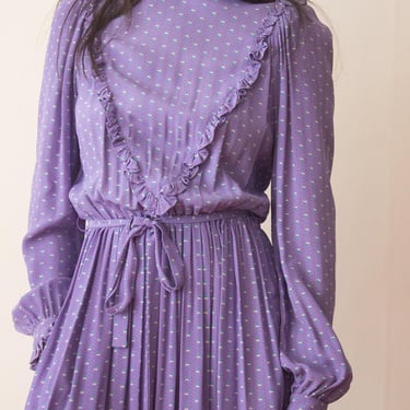 1980s Belle France Lilac Crepe Ruffled Dress 