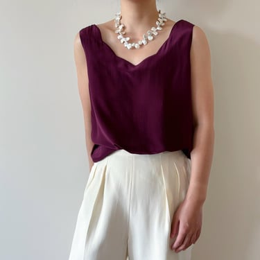 vintage silk blouse silk shirt silk tank top matte silk minimalist capsule wardrobe burgundy mulberry 90s retro style scallop collar size M 