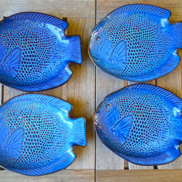 Vintage Blue Ceramic Fish Plates, 9.5