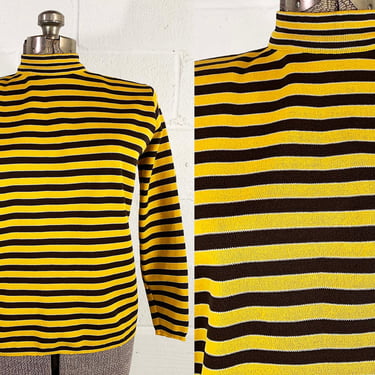 Vintage Yellow & Brown Striped Mockneck Top Shirt Long Sleeved Unisex Large XL 1970s 